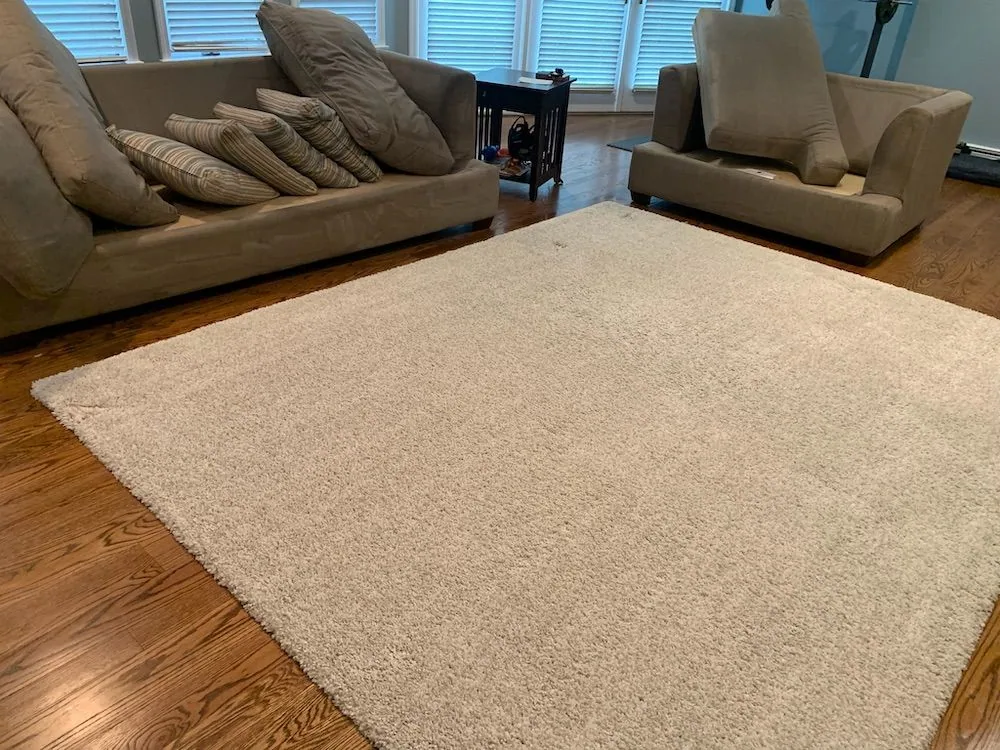 Beige shag rug on hardwood floor, with beige sofa and armchair in background.