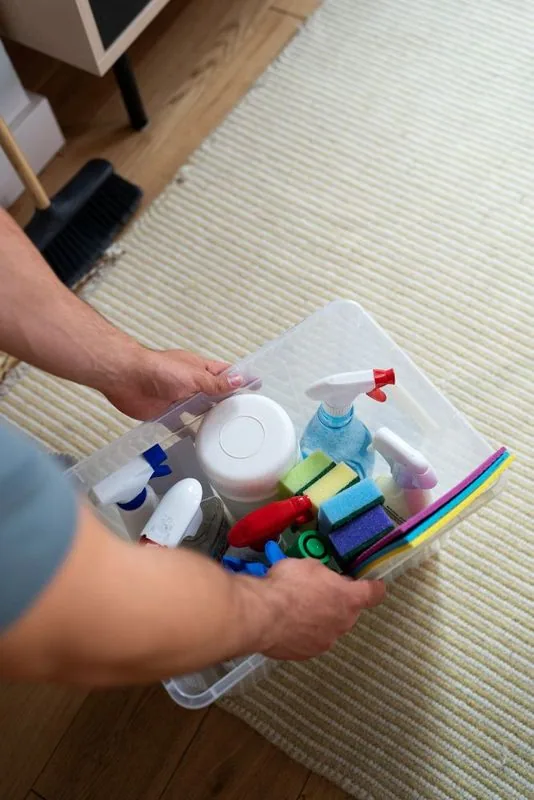 Person holding a clear container filled with cleaning supplies on a rug; a broom is in the background.
