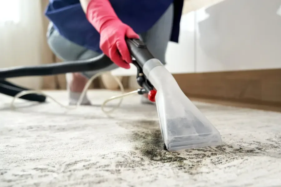 Person in pink gloves using a carpet cleaner to remove stains from a light-colored rug.
