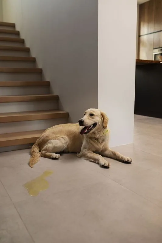 Golden retriever laying on floor next to puddle of urine, near stairs and white pillar.